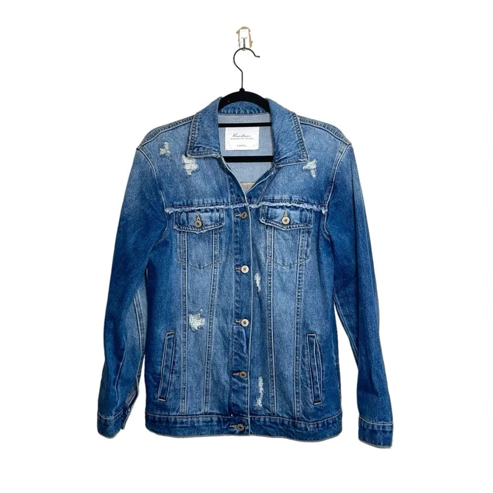KanCan 100% Cotton Medium Wash Distressed Oversized Denim Jacket Xsmall Women’s